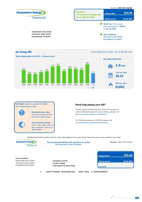 USA Michigan Consumers Energy business utility bill template in Word and PDF formats